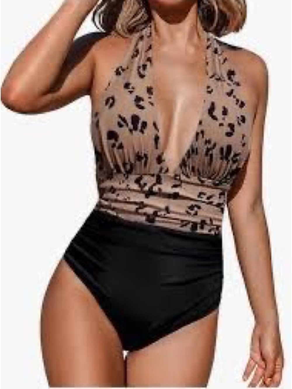 Cupshe Taupe Leopard Halter One-Piece Swimsuit with Black Bottom